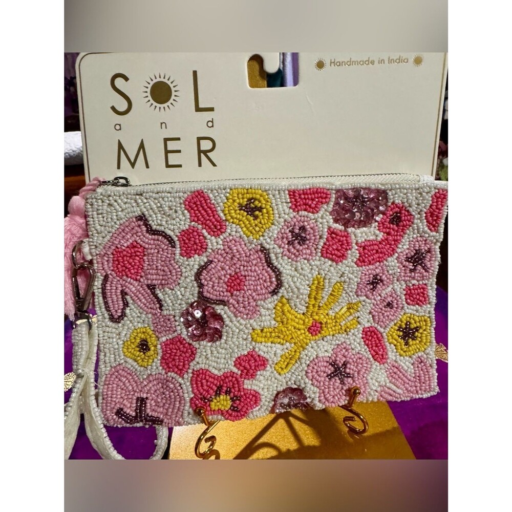 NWT Sol and Mer Abstract Floral Collage Zipper Pouch Pink White